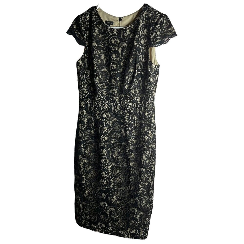 Talbots Dress Womens 4 Sheath Black Lace Over Tan Stretch Cap Sleeve Knee Length